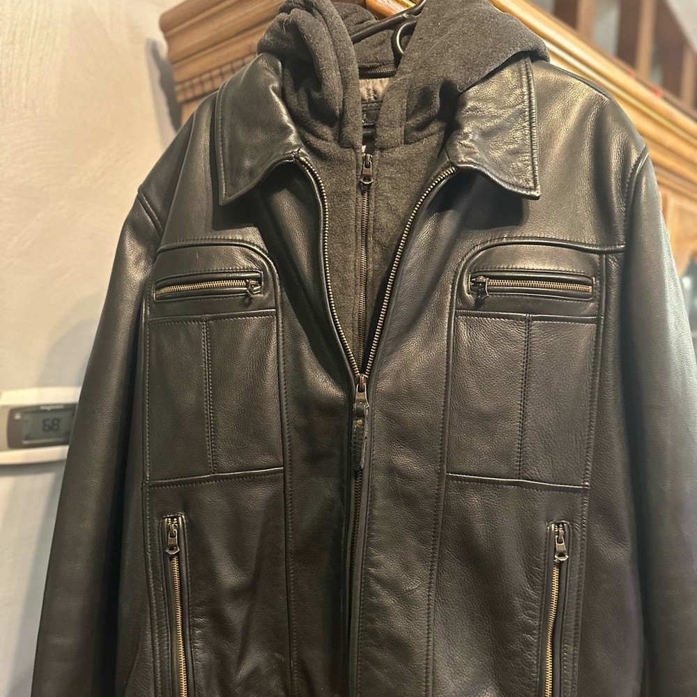 Men's Black Leather Jacket with Hoodie